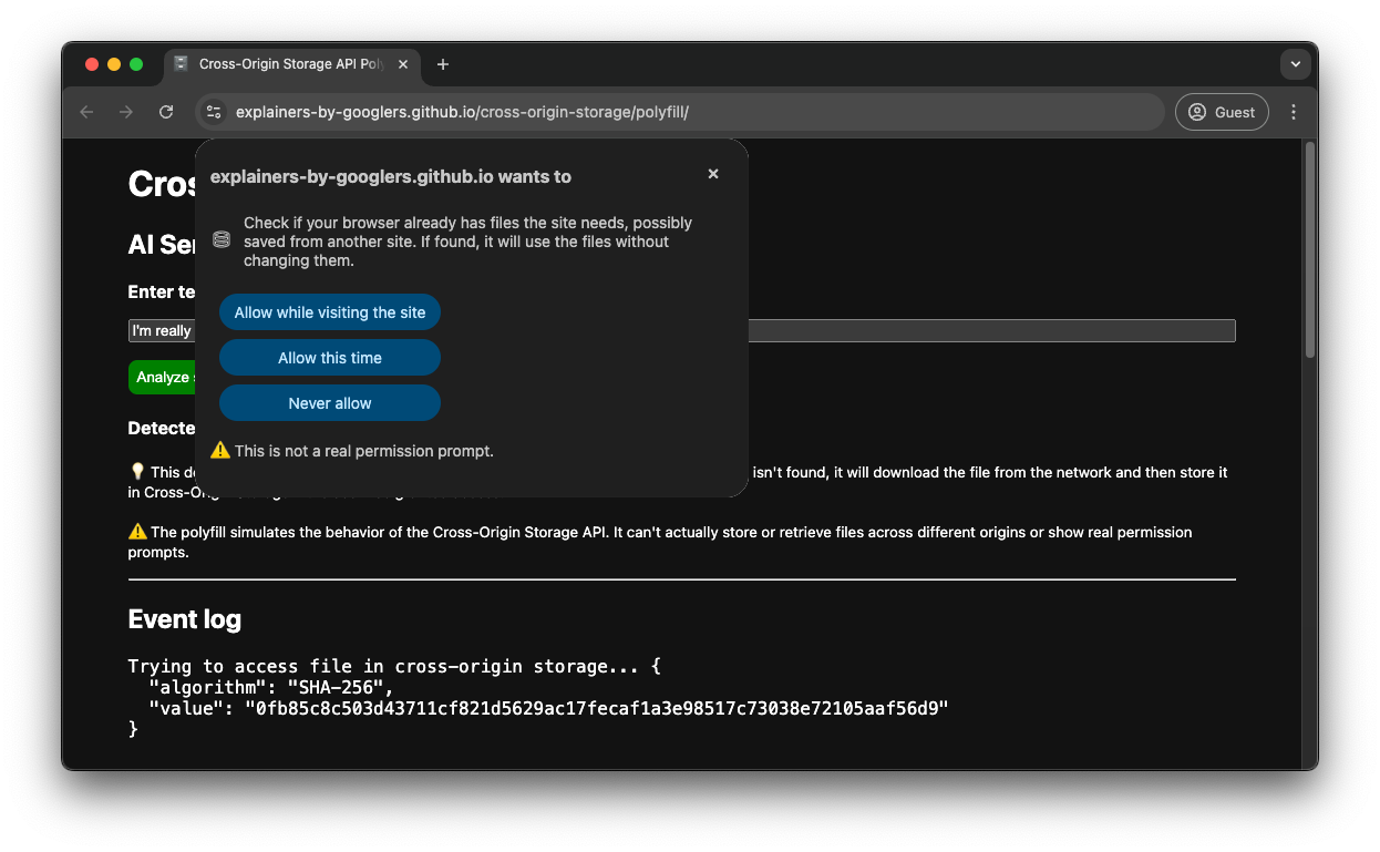 Cross-origin storage permission prompt mock-up. The prompt says: "example.com wants to check if your browser already has files the site needs, possibly saved from another site. If found, it will use the files without changing them". There are three buttons: Allow while visiting the site, Allow this time, Never allow.